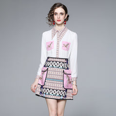 New Women's Retro Printed Long-Sleeved Top Shirt and Short Skirt Two-Piece Suit
