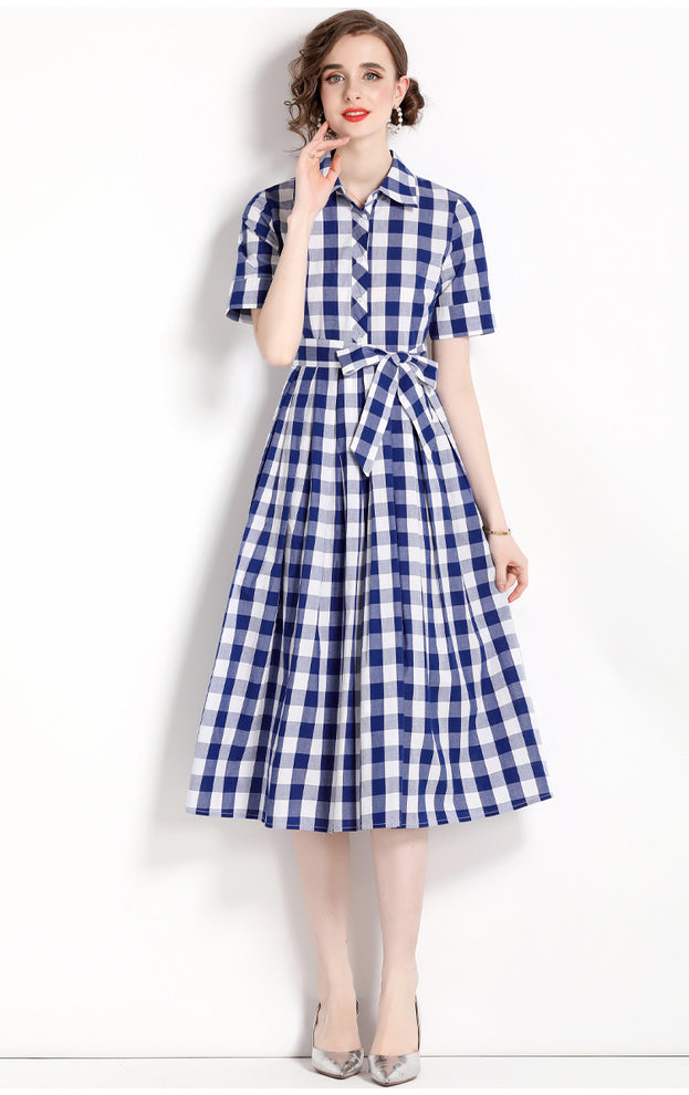 Vintage Lapel Short Sleeve Waist Tucked Long Skirt Plaid Print Dress