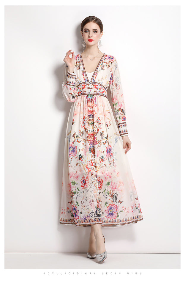 Temperament V-Neck Vintage Print Long-Sleeved Full-Length Dress with Waist Tucked in