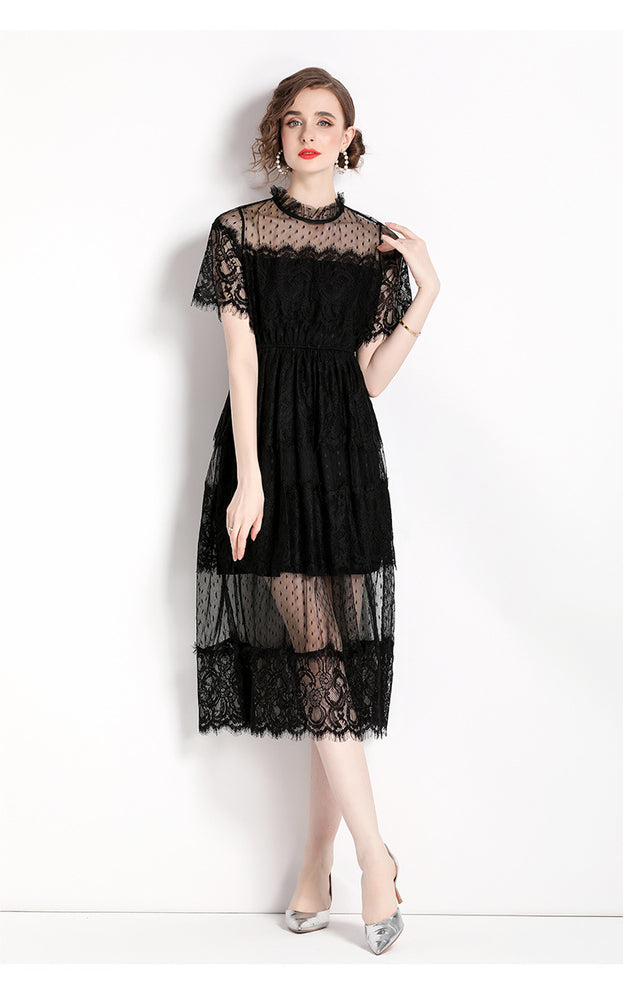 Lace stitching Mesh Yarn Waist Slimming Short Sleeve Long Dress