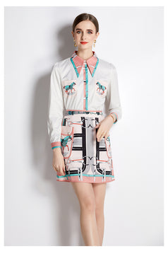 Long-Sleeved Shirt Two-Piece  Vintage Printed Fashion Temperament Skirt Suit