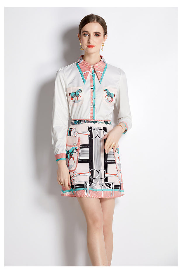 Long-Sleeved Shirt Two-Piece  Vintage Printed Fashion Temperament Skirt Suit