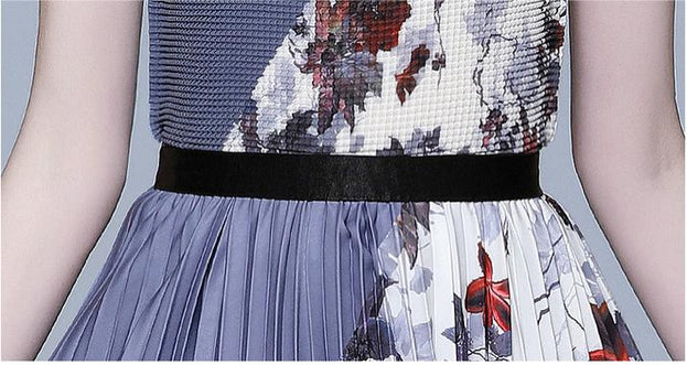 Vintage Print Pleated Short Sleeve Top and Pleated Skirt Fashion Two-Piece Suit