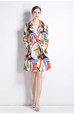 Fashion Printed Suit Collar Coat Temperament Waist Slimming Breasted Mid-Length Trench Coat