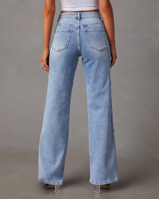 Summer Fashion Casual Low-Waist Patched Wide-Leg Long Denim Pant for Women