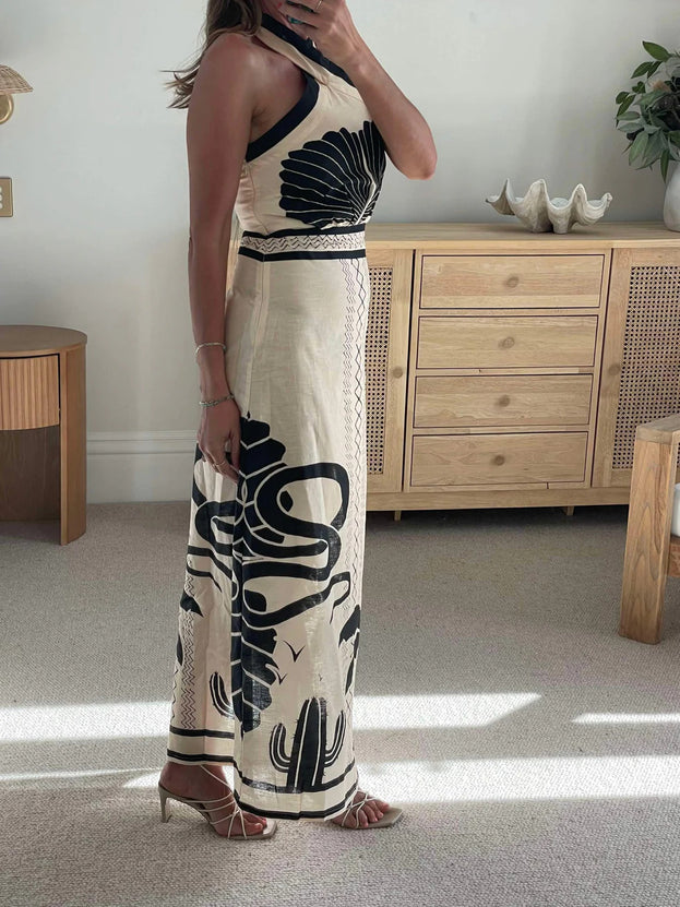Summer Fashion Sexy Slim-Fitting Printed Long Halter Dress for Women