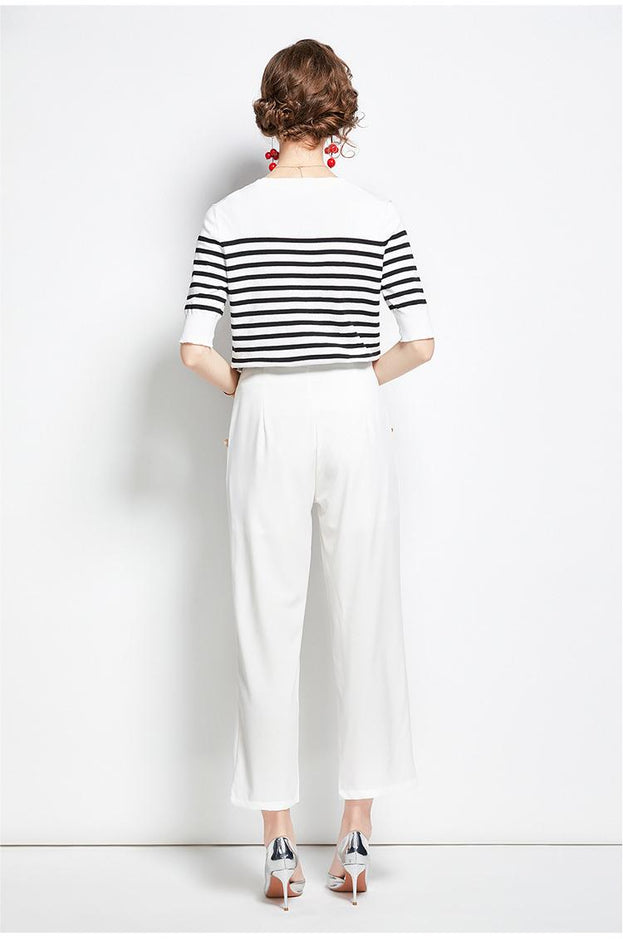 Striped Crew Neck Sweater Top and Solid White Pant Two-Piece Set
