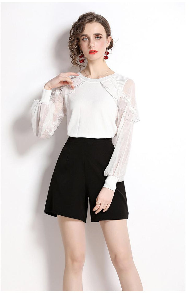 Ruffled Stitching Lantern Sleeves Hollowed Out Crew Neck Knitted to Show Thin Top and Black Shorts