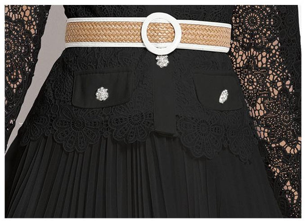 Water-Soluble Pleat Splicing Chiffon High-Waisted Lapel Long-Sleeved Fake Two-Piece Long Skirt Dress