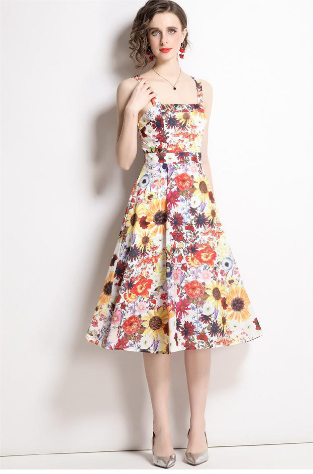 Fashion Holiday Style Floral Dress Vintage Print Suspender Skirt MIDI Skirt
