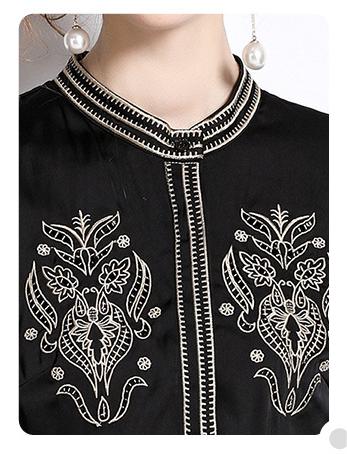 Temperament Elegant MIDI Skirt Embroidered Stand-Up Collar Lantern Sleeve Slim Dress