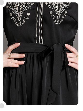 Temperament Elegant MIDI Skirt Embroidered Stand-Up Collar Lantern Sleeve Slim Dress