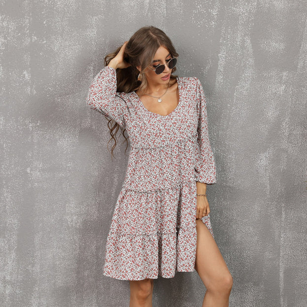 Fashion Round-Neck Long Sleeve Printed Ruffled Hem with Large Flared Dress for Women