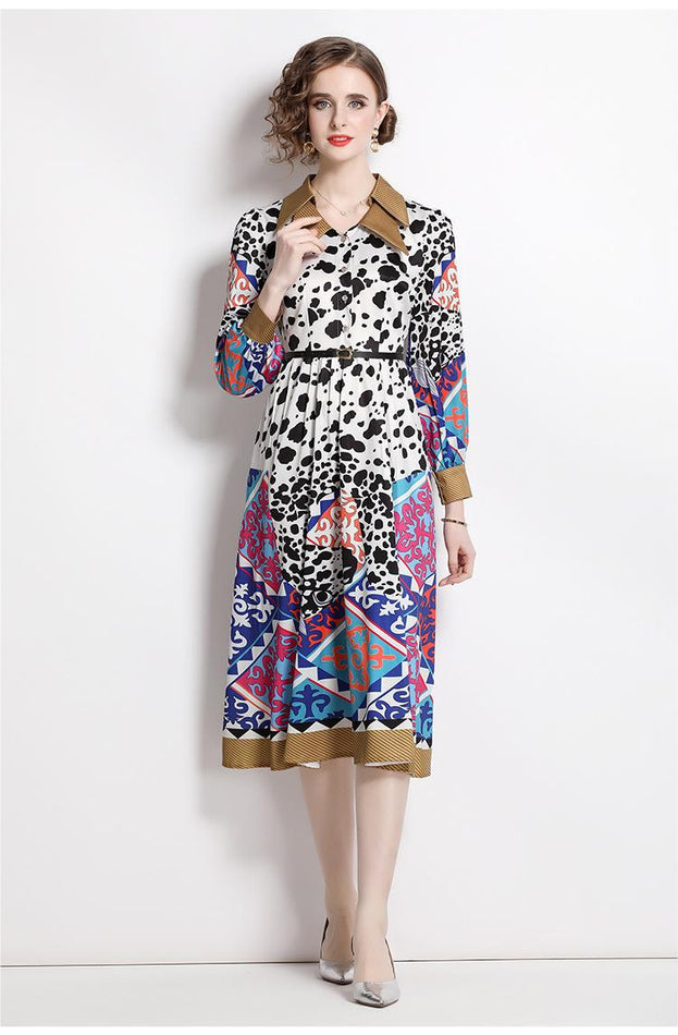 Fashion Vintage Print Dress Lapel Long-Sleeved Temperament Slim MIDI