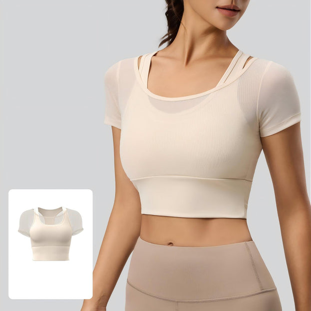 Mesh with Built-in Bra Yoga Sports Short-Sleeve Top for Women