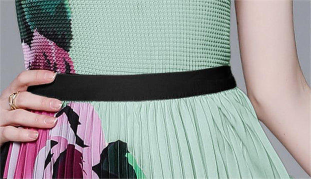 Vintage Print Pleated Short Sleeve Top and Pleated Skirt Fashion Two-Piece Suit