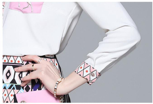 New Women's Retro Printed Long-Sleeved Top Shirt and Short Skirt Two-Piece Suit