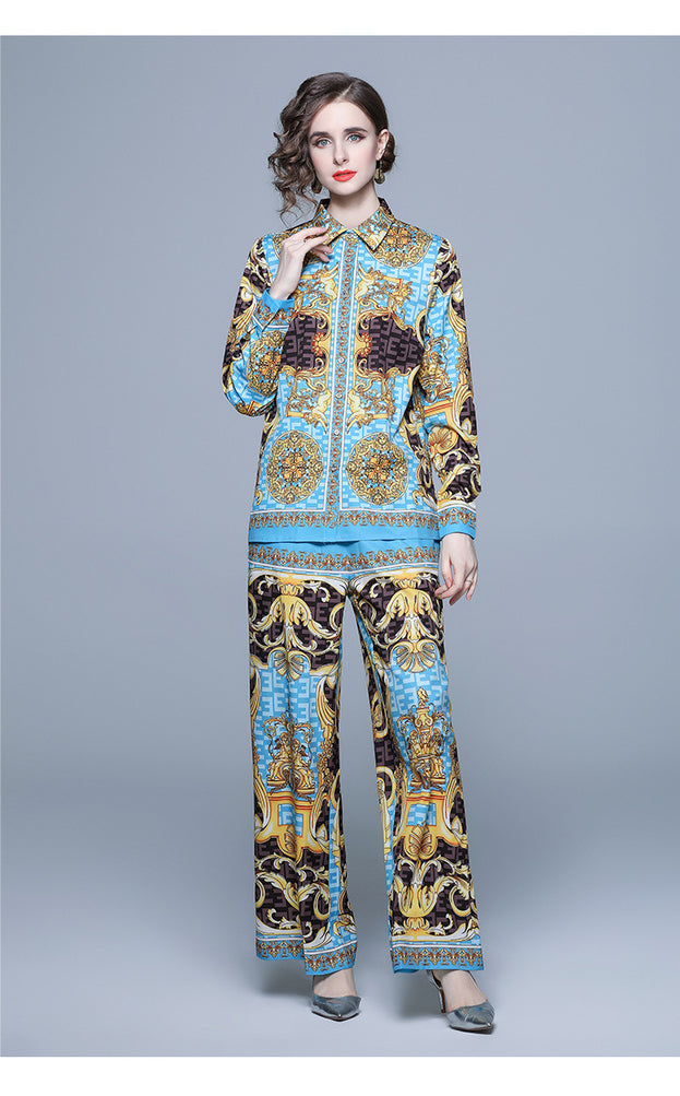 French Retro Palace Print Long-Sleeved Shirt Wide-Leg Pants Suit Women's Two-Piece Autumn Clothes New
