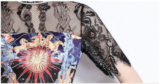 Vintage Temperament Lace Patchwork Printed Stand Collar Short Sleeve Long Skirt Dress