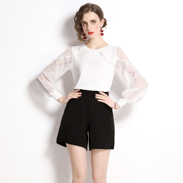 Ruffled Stitching Lantern Sleeves Hollowed Out Crew Neck Knitted to Show Thin Top and Black Shorts