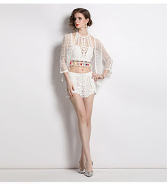 Hollowed Out Sunscreen Cardigan an Hand Hook Hollowed Out Lace Shorts Three-Piece Set