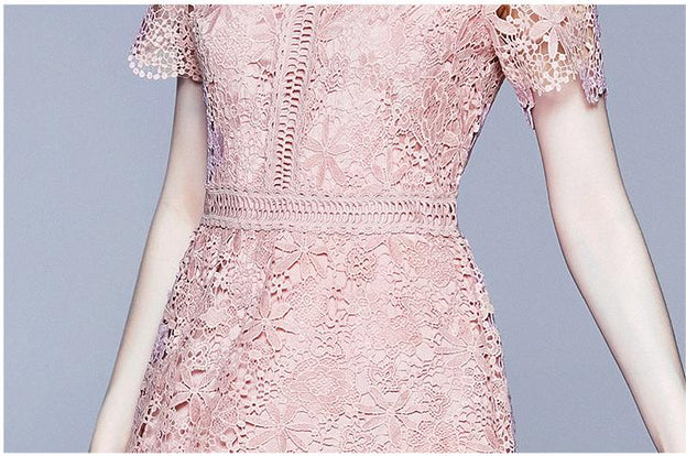 Water-Soluble Lace  Stitching Temperament Hook Flower Hollowed Out Short-Sleeved Dress