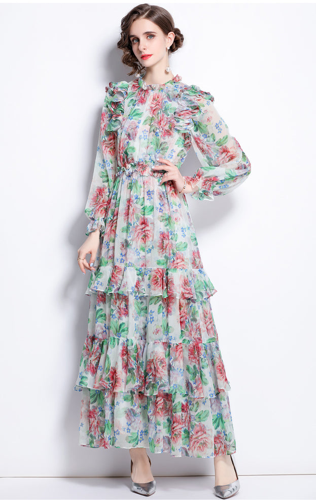 Long Sleeve Bubble Sleeve Big Swing Pinted Cake Dress