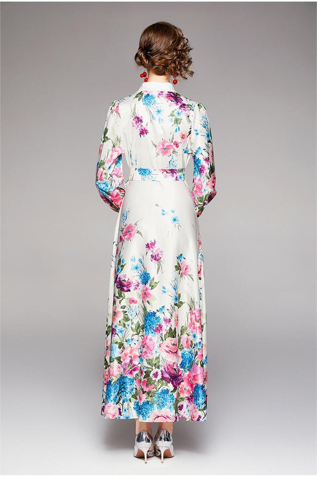 Fashion Waist-Close Thin Belt Positioning Printed Dress