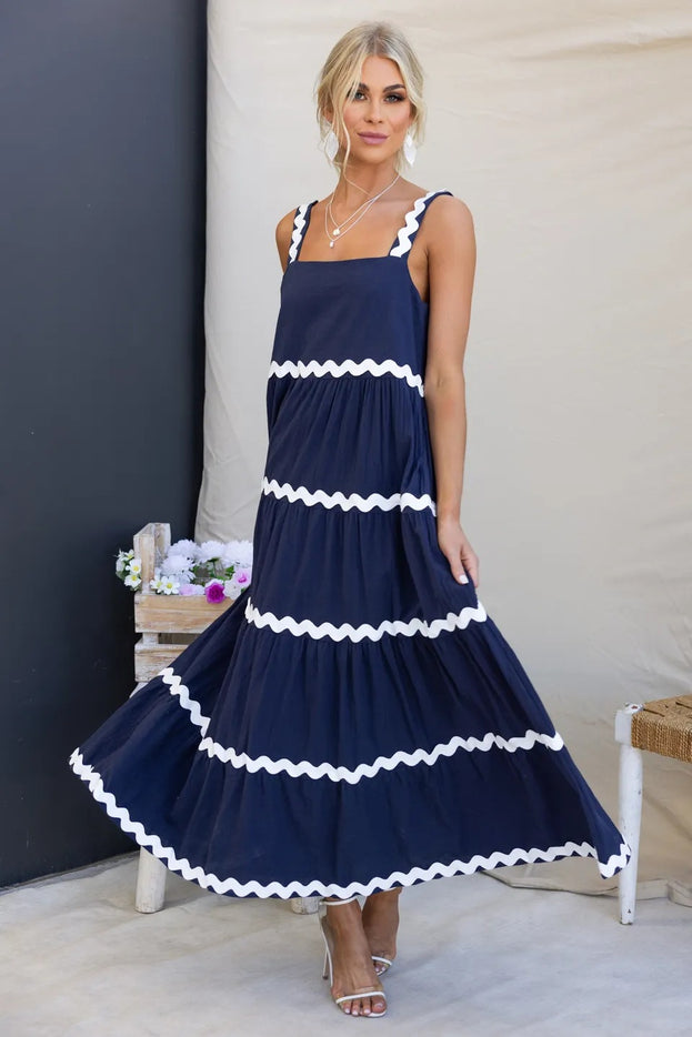 Summer Casual Square-Neck Colour-Blocking Loose Long Slip Dress for Women