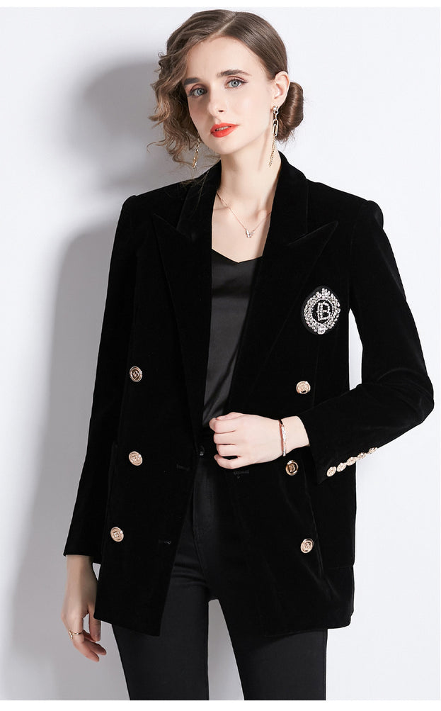 Black Canary Velvet Casual Double-Breasted Loose Mid-Length Blazer Coat