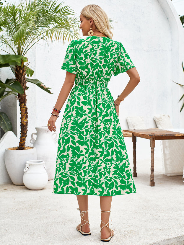 Summer V-Neck Waisted Printed Short Sleeve Dress for Women