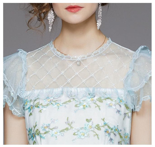 Fashion Short Sleeve Embroidered High Waist to Show Thin Temperament Cake Long Skirt Dress