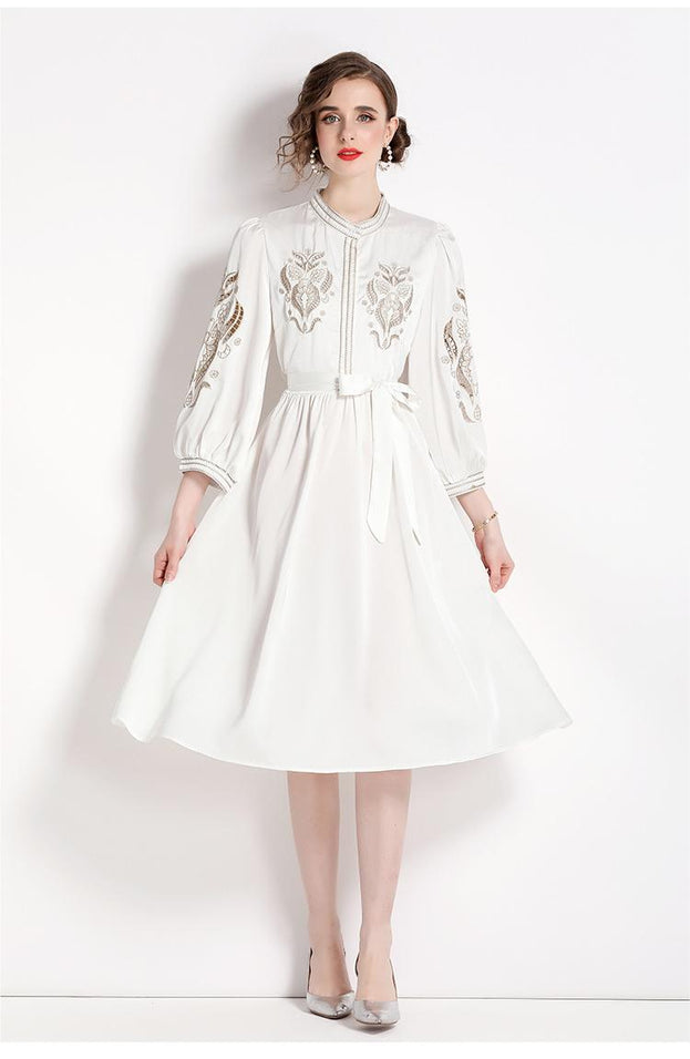 Heavy  Embroidered Lantern Sleeve Slim Dress
