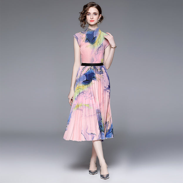 High Stretch Top and Printed Pleated Skirt Two-Piece Suit
