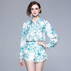 Lapel Chiffon Print Slim Temperament Fashion Shirt and Shorts Suit