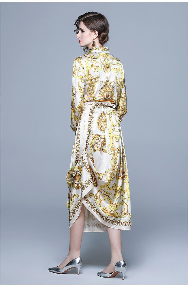 Vintage Printed Shirt Long-Sleeved Top and Pleated Skirt Two-Piece Suit