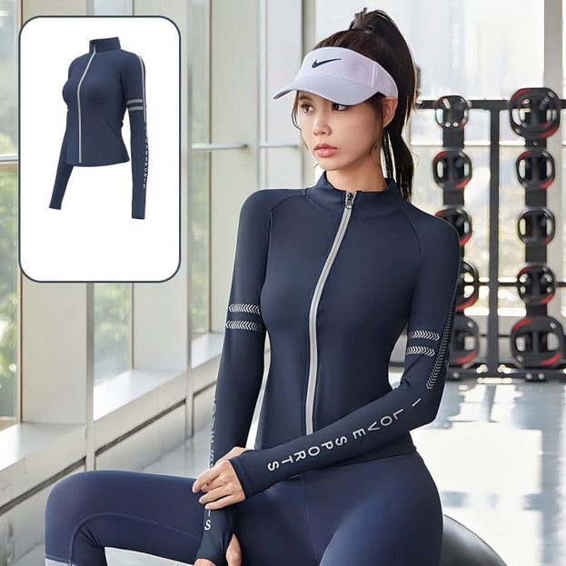 Women's Letter Zipper Print Semi-High Neck Naked Sport Coat