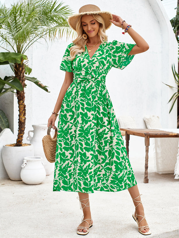 Summer V-Neck Waisted Printed Short Sleeve Dress for Women