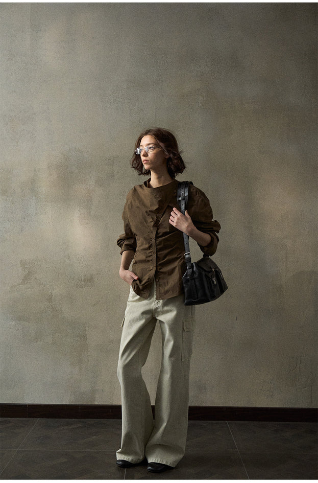 Trendy And Retro Denim Workwear Flared Pants, Mid-waist  Casual Women's Pant