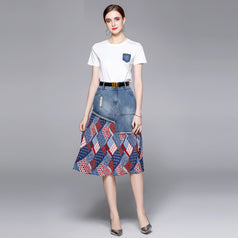 New Women's Crew Neck Short Sleeve T-shirt and Temperament Fashion Ftitching Denim Skirt Two-Piece Suit