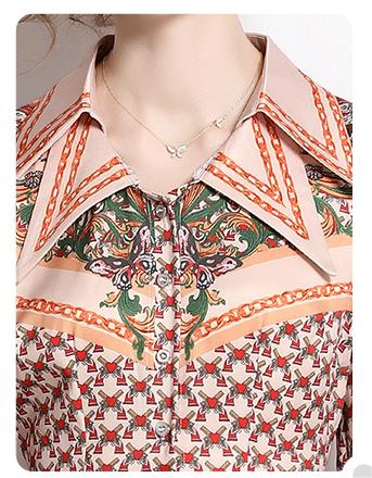 Fashion Vintage Print Dress Lapel Long-Sleeved Temperament Slim MIDI