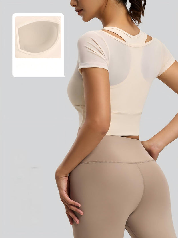 Mesh with Built-in Bra Yoga Sports Short-Sleeve Top for Women