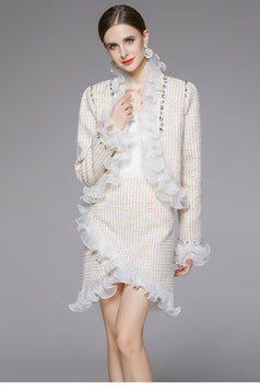 Tweed Stitching Mesh Yarn Coat and Half Skirt