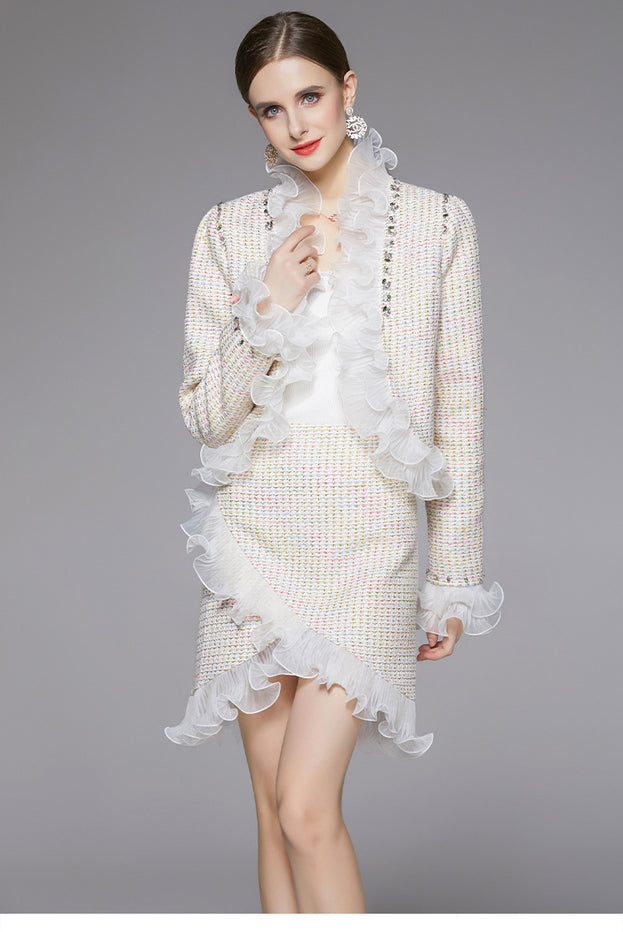 Tweed Stitching Mesh Yarn Coat and Half Skirt