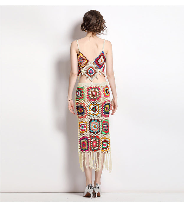 Tassel Hook Flower Knitted Suit Women's Halter Vest and Half Skirt Two-Piece Set