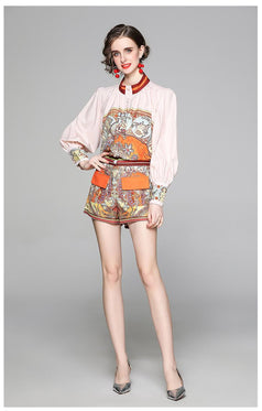 Women's Temperament Suit Lantern Sleeve Shirt and Closed Waist Shorts Printed Two-Piece Suit