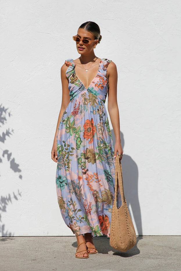 Summer Printed V-Neck Waisted Flowy Holiday-Style Slip Dress for Women