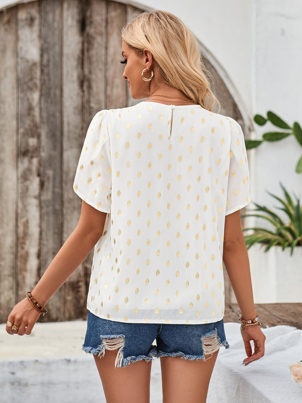 Summer Round-Neck Casual Loose Polka Dots Short Sleeve Top for Women