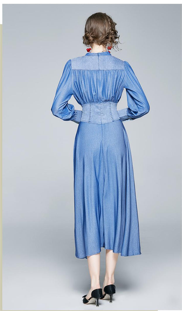 Tencel Denim Dress High Waist Long Sleeve Blue Super Fairy A-Line Skirt