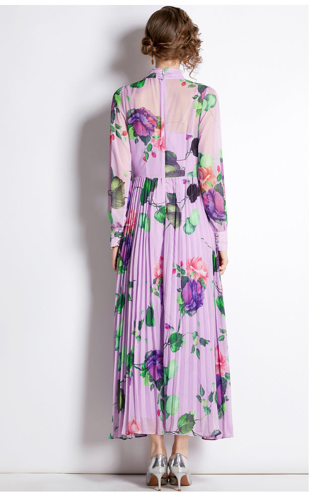 Vintage Floral Long-Sleeved Long Skirt Pleated Skirt Slim Dress
